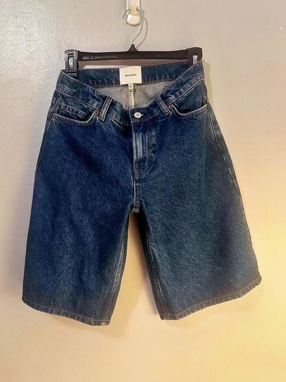 Low Rise Reformation Dark Blue Long Denim Shorts